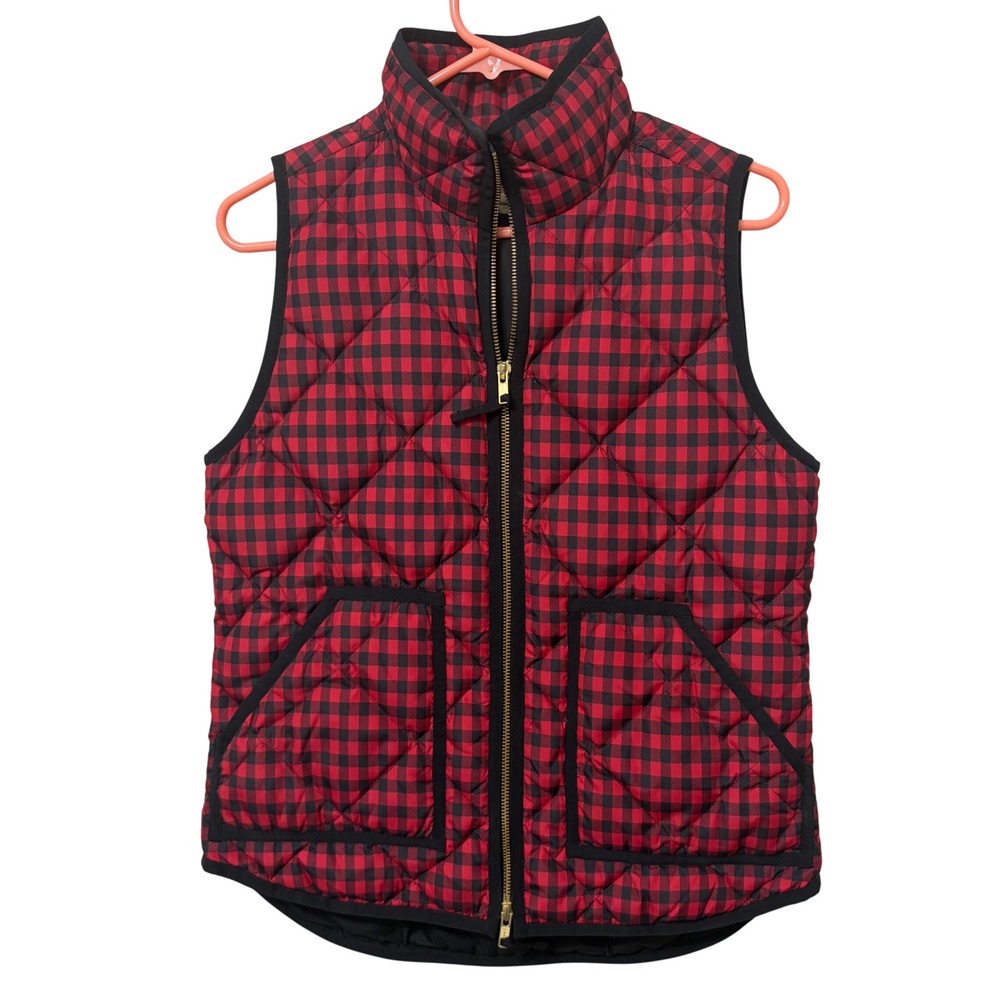 J.Crew Red Black Buffalo Plaid Quilted Excursion Vest XS Full Zip Pockets